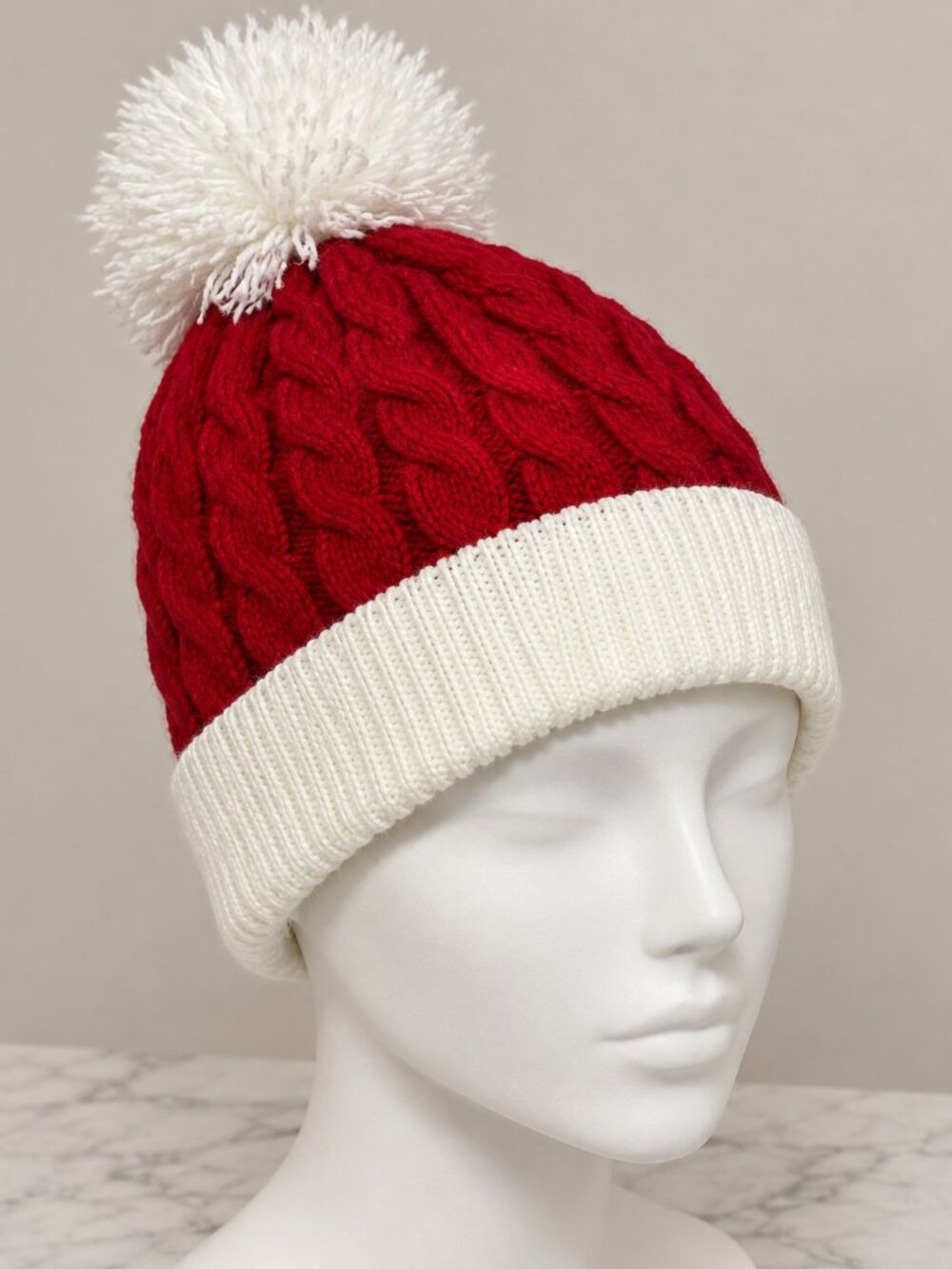 Red White Cable Knit Pom Pom Beanie Winter Hat Soft Cozy Holiday Style